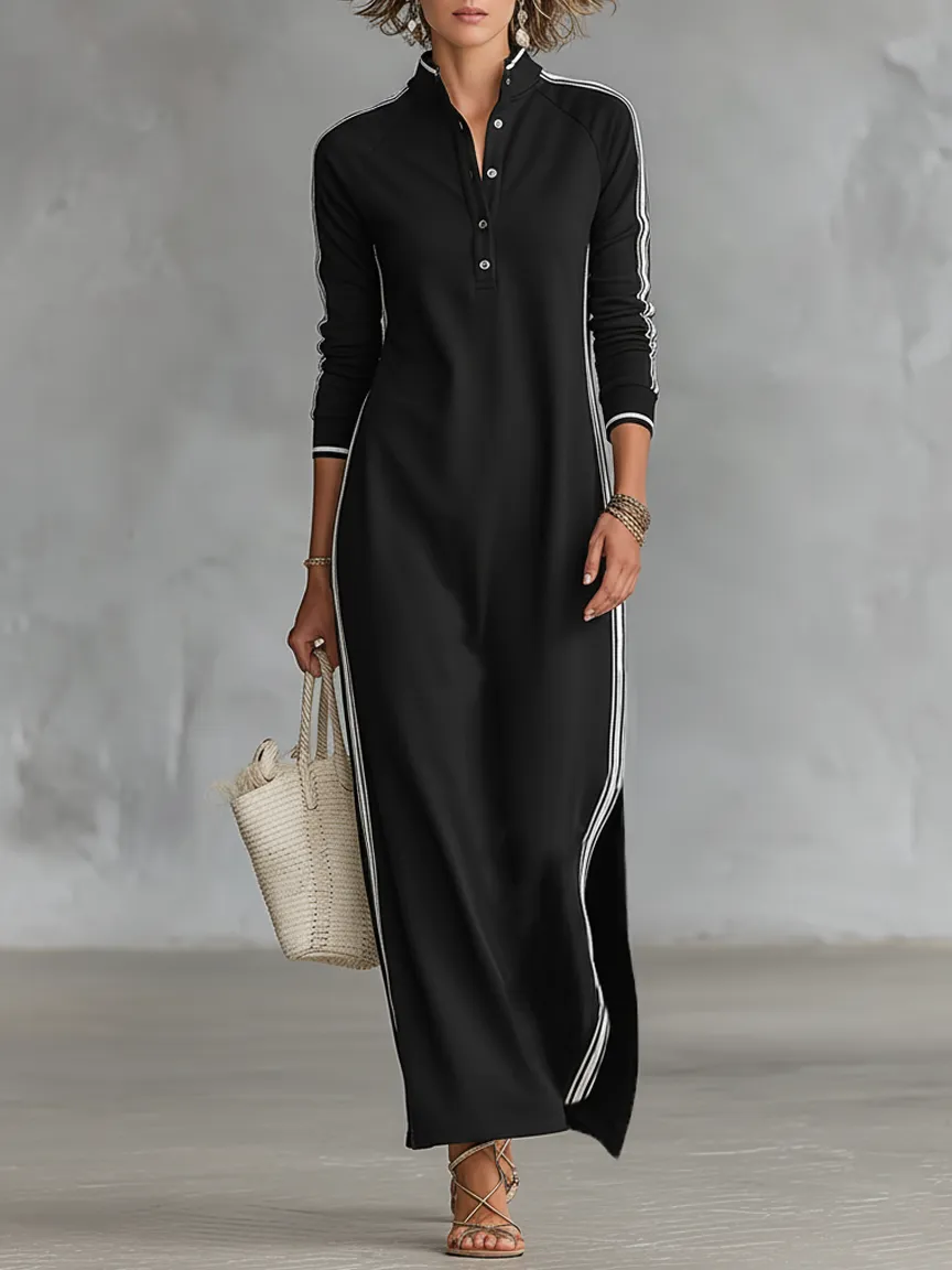 Vestido de Verano Largo Casual con Cuello con Botones y Rayas