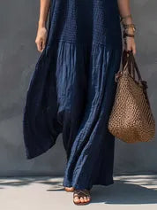 Vestido de Verano Largo Casual con Cuerpo Fruncido y Escote en V