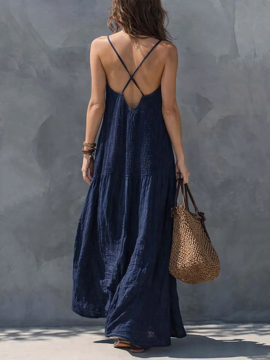 Vestido de Verano Largo Casual con Cuerpo Fruncido y Escote en V