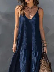 Vestido de Verano Largo Casual con Cuerpo Fruncido y Escote en V