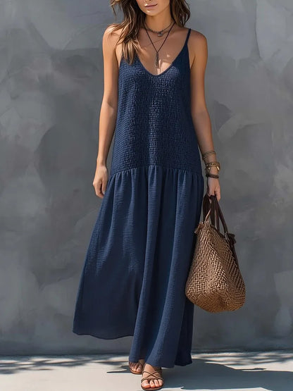 Vestido de Verano Largo Casual con Cuerpo Fruncido y Escote en V