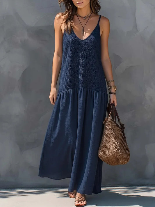 Vestido de Verano Largo Casual con Cuerpo Fruncido y Escote en V