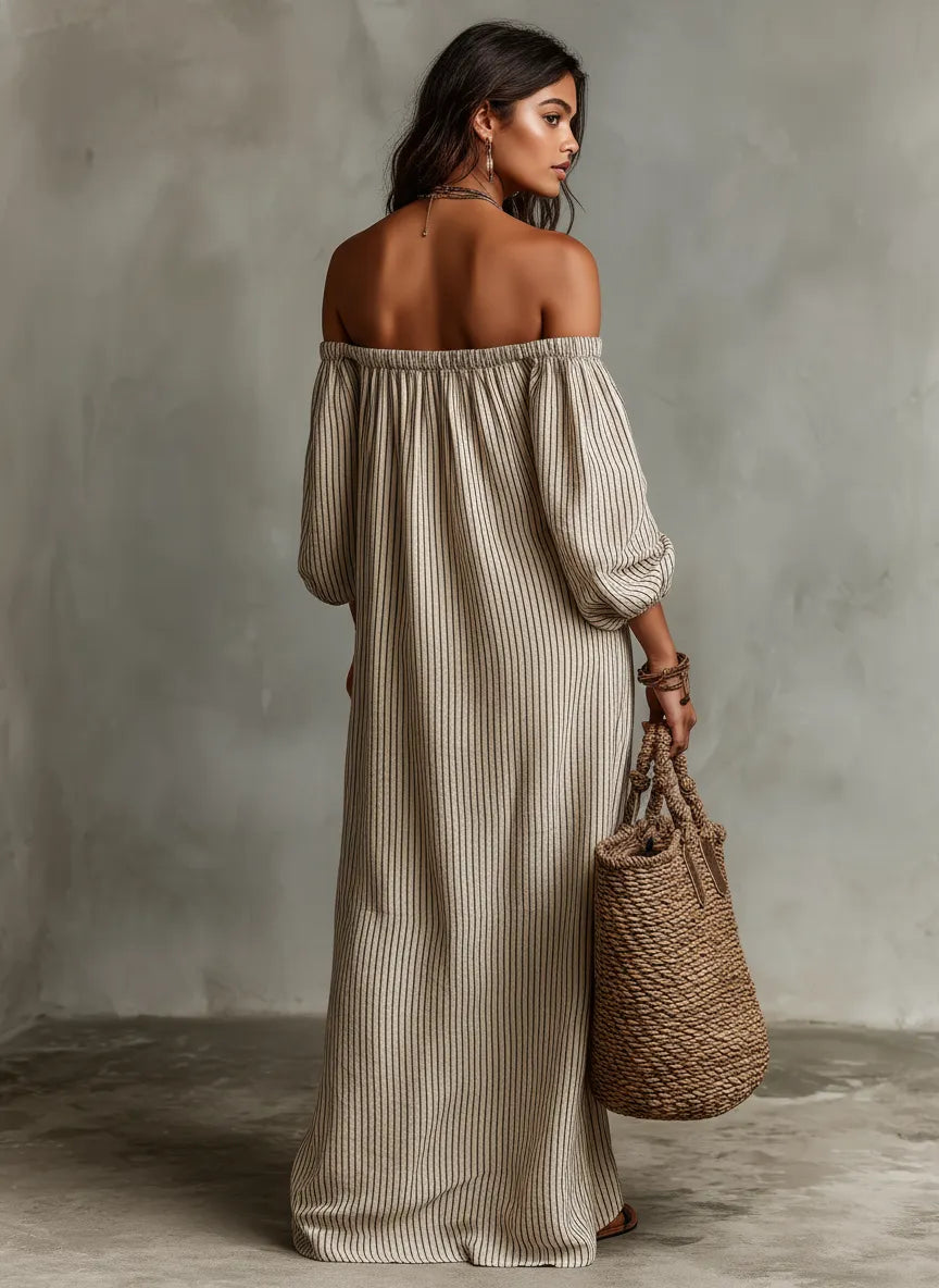 Vestido de Verano Largo Casual con Hombros Descubiertos y Manga Larga