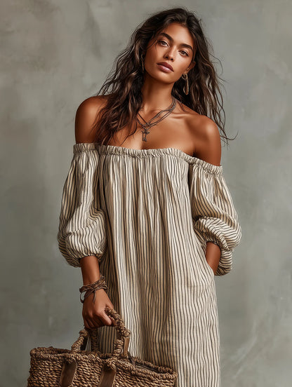 Vestido de Verano Largo Casual con Hombros Descubiertos y Manga Larga