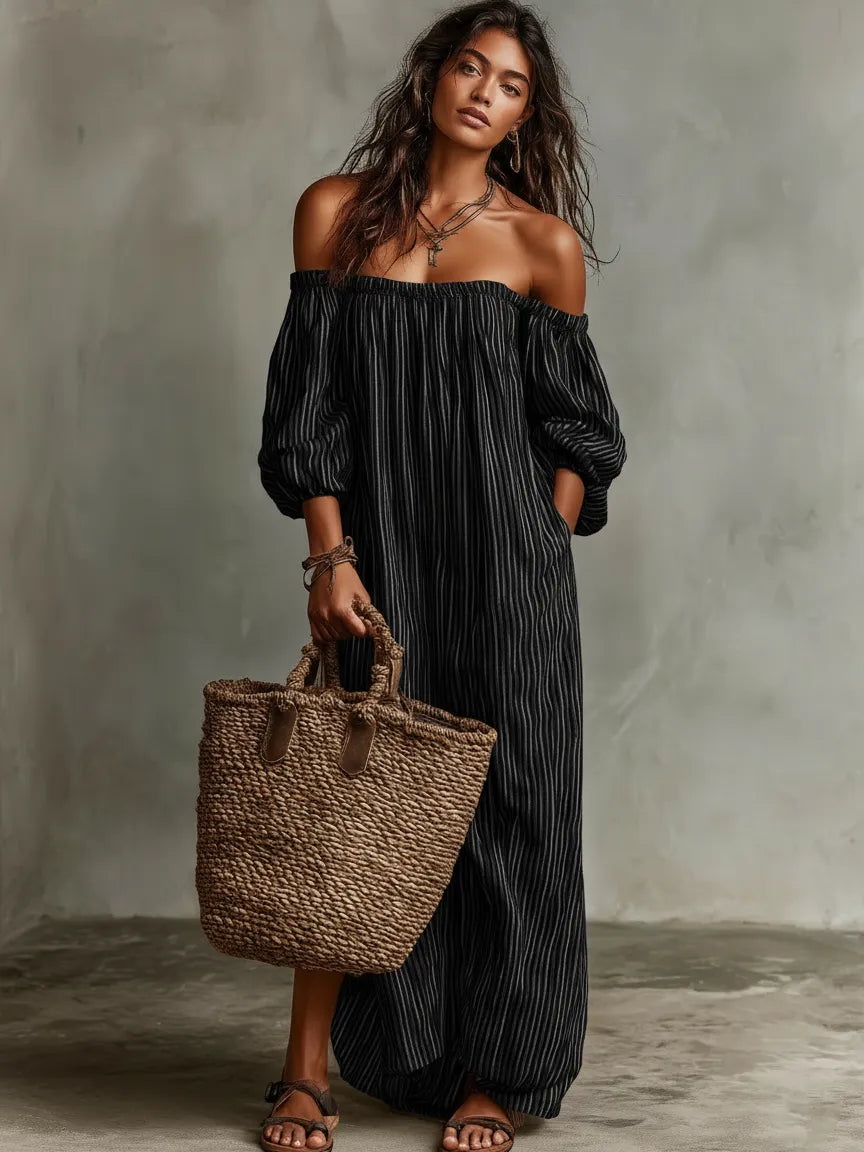Vestido de Verano Largo Casual con Hombros Descubiertos y Manga Larga