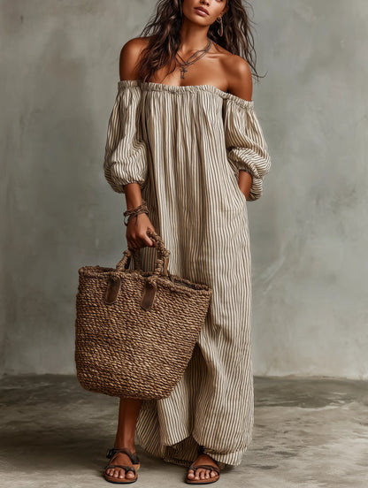 Vestido de Verano Largo Casual con Hombros Descubiertos y Manga Larga