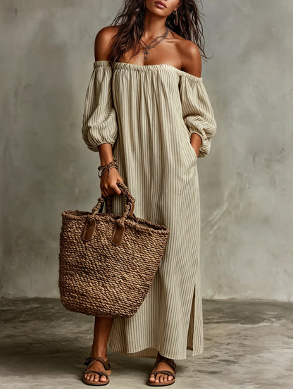 Vestido de Verano Largo Casual con Hombros Descubiertos y Manga Larga