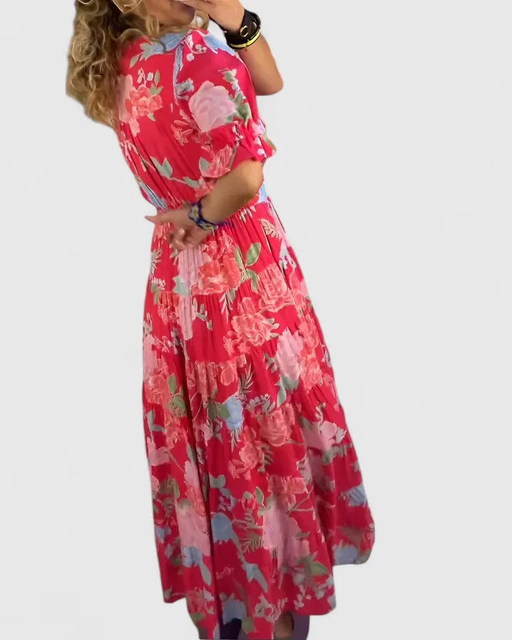 Vestido de Verano Largo De Flores Boho  con Manga Abullonada