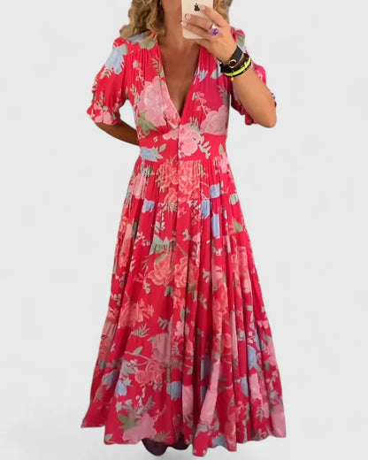 Vestido de Verano Largo De Flores Boho  con Manga Abullonada