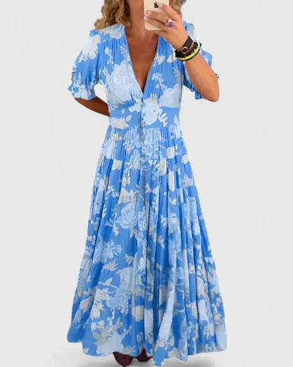 Vestido de Verano Largo De Flores Boho  con Manga Abullonada