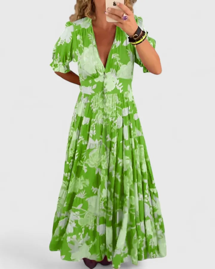 Vestido de Verano Largo De Flores Boho  con Manga Abullonada