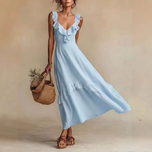 Vestido de Verano Largo Elegante Casual con Volantes Detalles