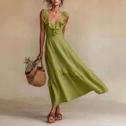 Vestido de Verano Largo Elegante Casual con Volantes Detalles