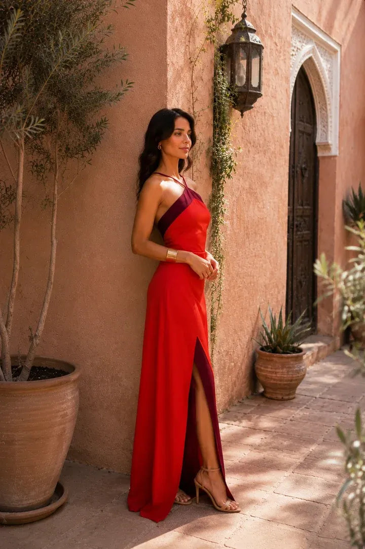 Vestido de Verano Largo Elegante Cuello Halter con Abertura