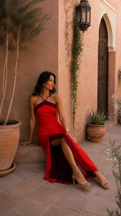 Vestido de Verano Largo Elegante Cuello Halter con Abertura