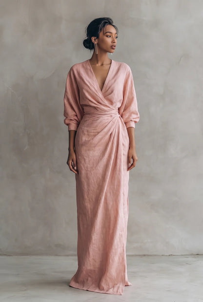 Vestido de Verano Largo Elegante Escote en V con Manga Larga
