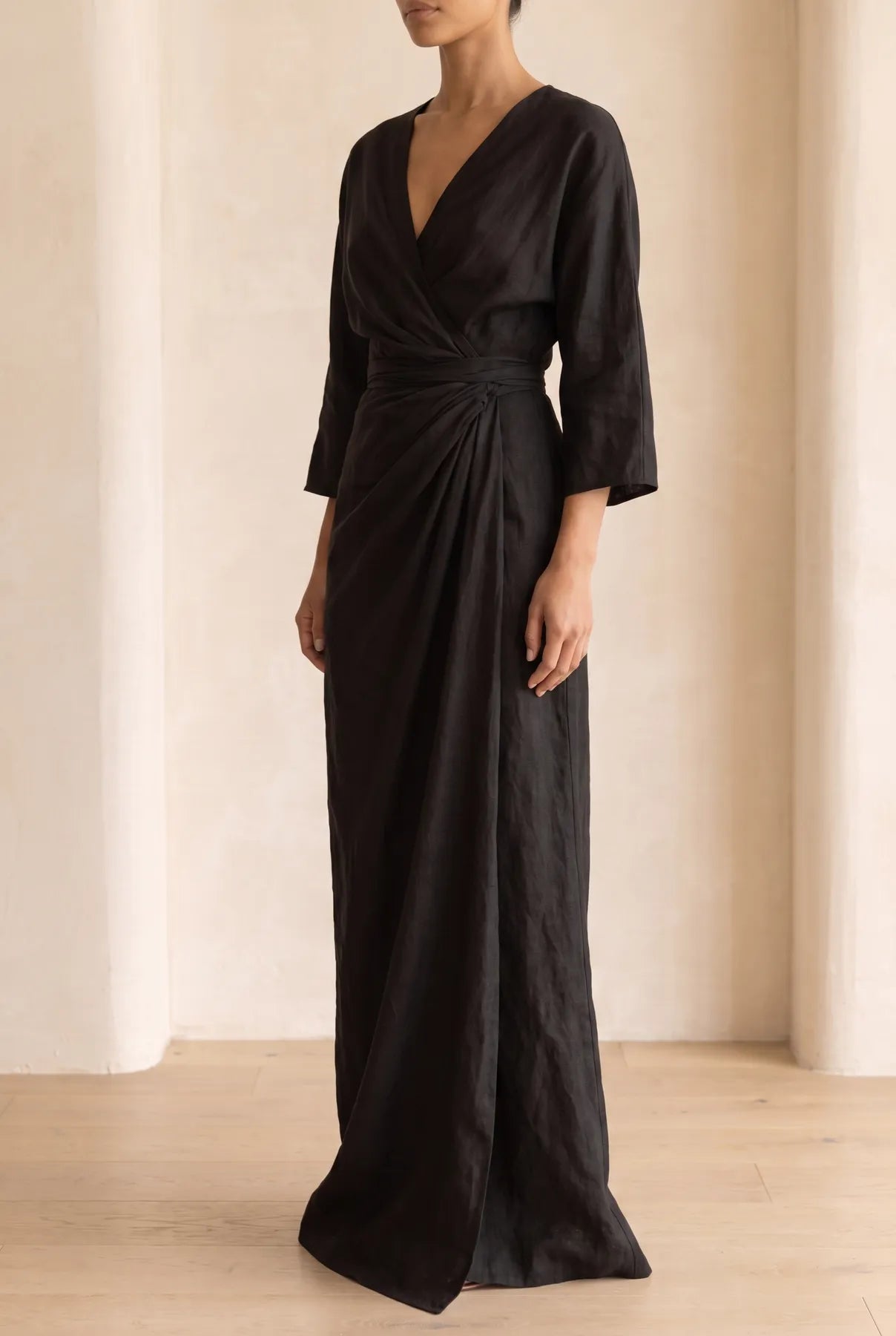 Vestido de Verano Largo Elegante Escote en V con Manga Larga