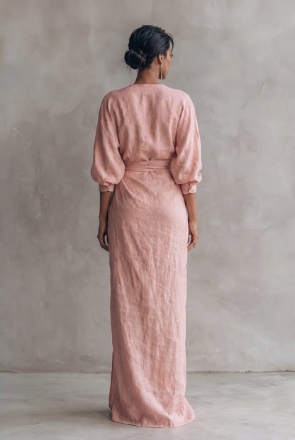Vestido de Verano Largo Elegante Escote en V con Manga Larga