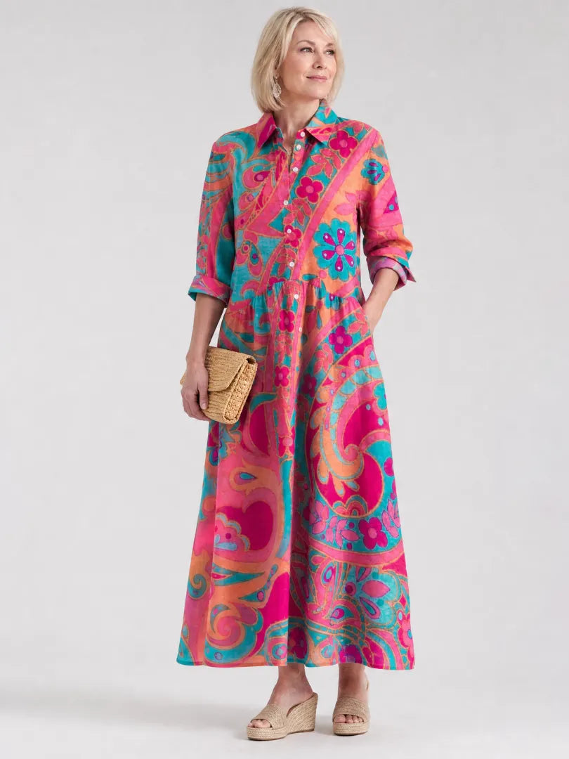 Vestido de Verano Largo Elegante Estampado con Botones