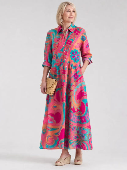 Vestido de Verano Largo Elegante Estampado con Botones
