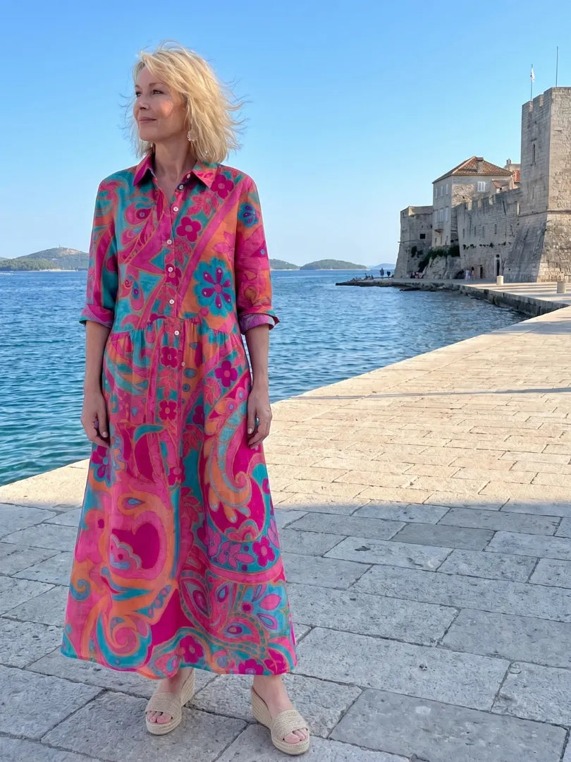 Vestido de Verano Largo Elegante Estampado con Botones