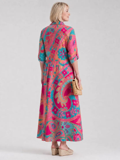 Vestido de Verano Largo Elegante Estampado con Botones