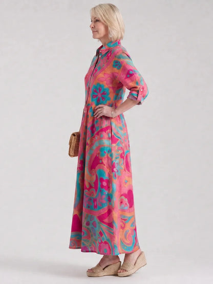 Vestido de Verano Largo Elegante Estampado con Botones