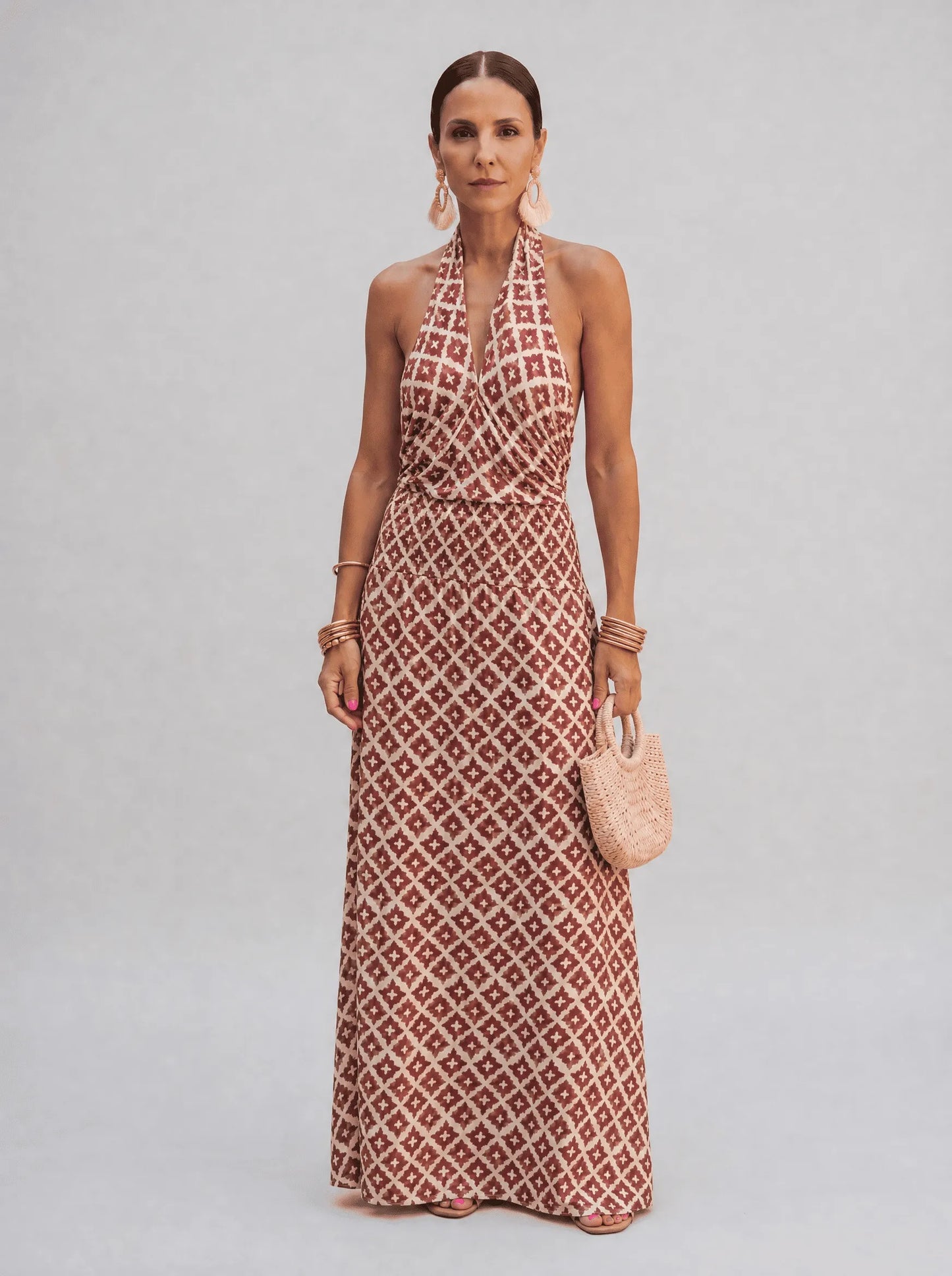 Vestido de Verano Largo Elegante Estampado con Cuello Halter