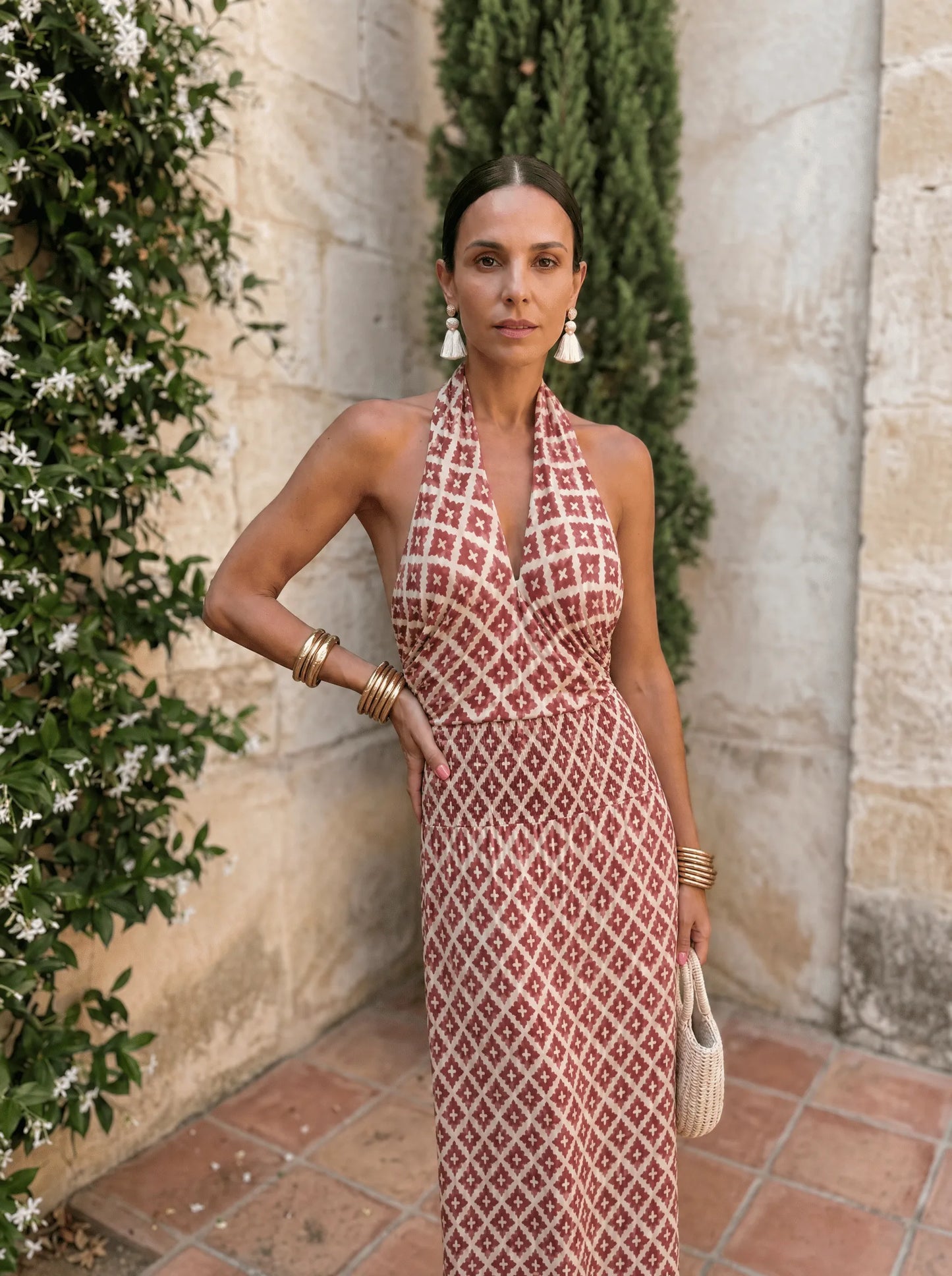 Vestido de Verano Largo Elegante Estampado con Cuello Halter
