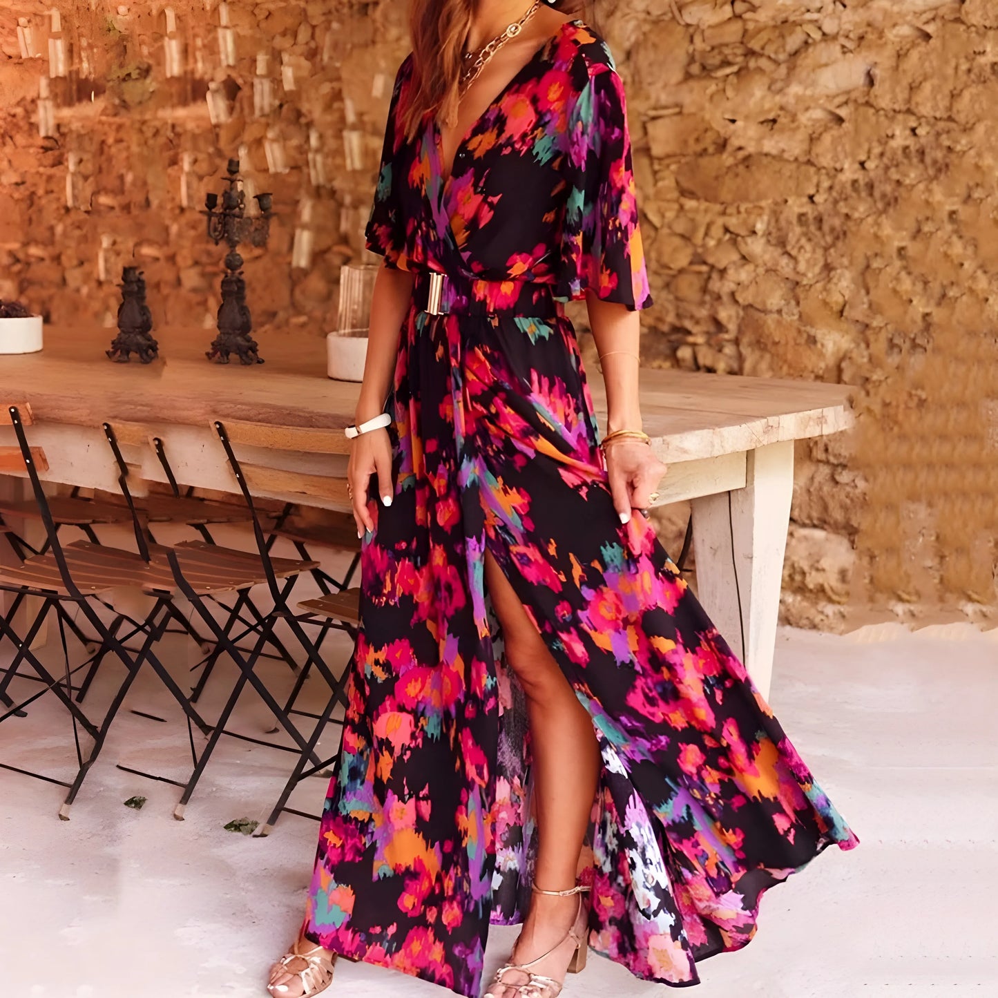 Vestido de Verano Largo Elegante Estampado con Cuello en V