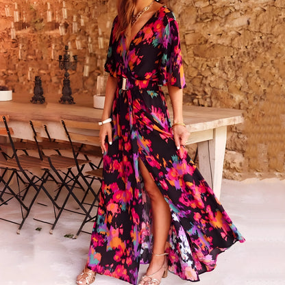 Vestido de Verano Largo Elegante Estampado con Cuello en V