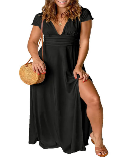 Vestido de Verano Largo Elegante Fluido con Manga Corta