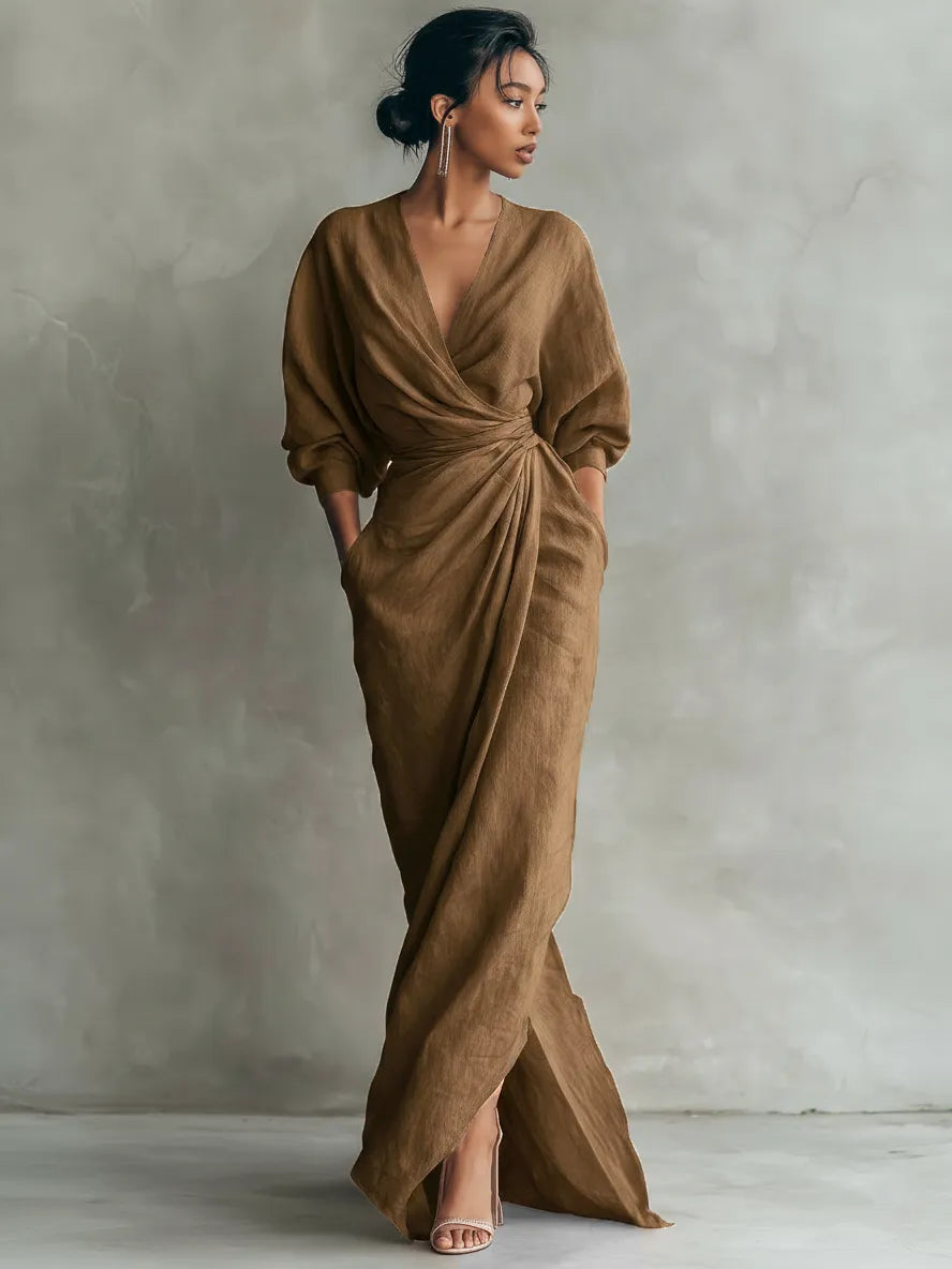 Vestido de Verano Largo Elegante con Drapeado y Escote en V