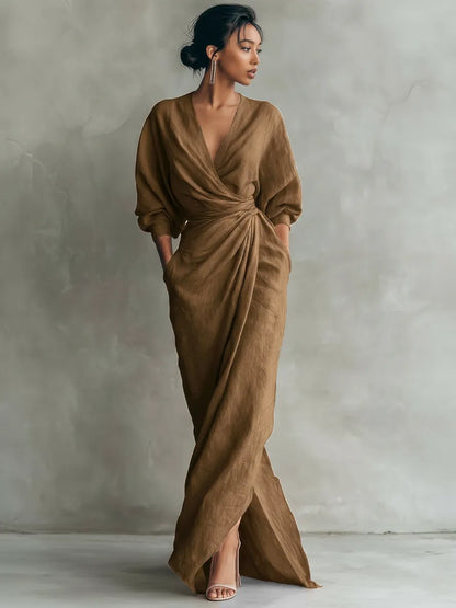 Vestido de Verano Largo Elegante con Drapeado y Escote en V