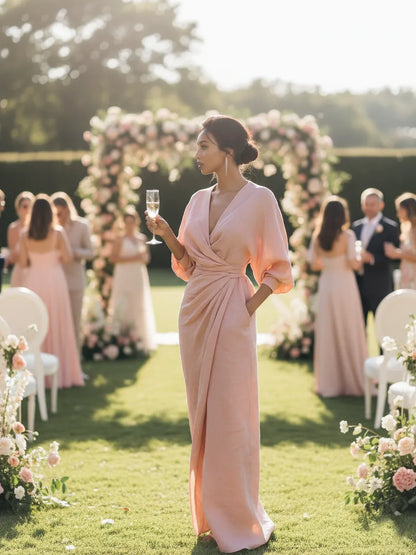 Vestido de Verano Largo Elegante con Drapeado y Escote en V