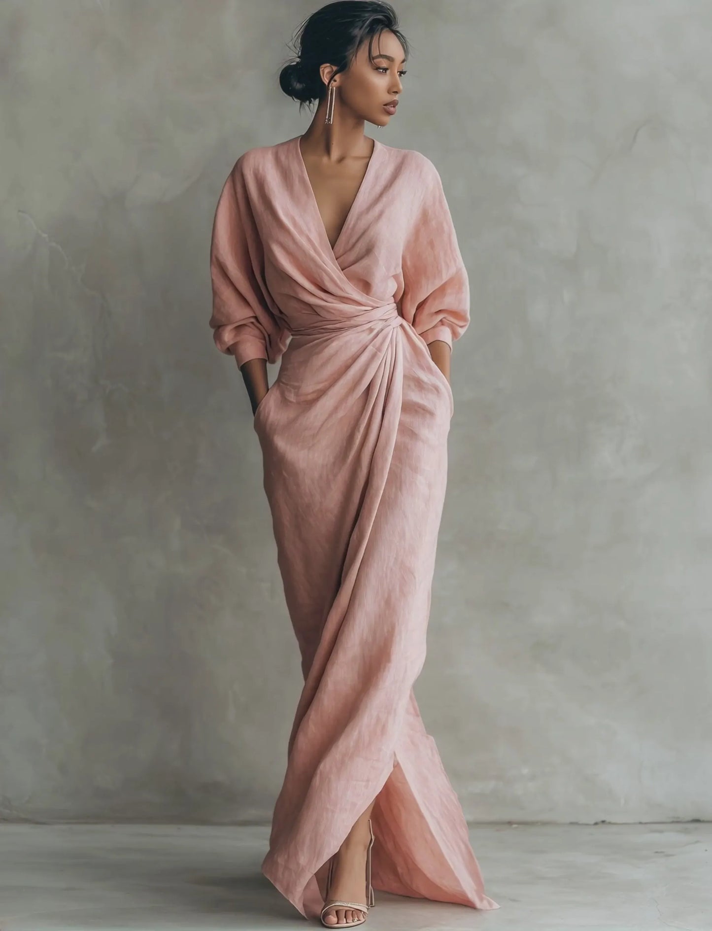 Vestido de Verano Largo Elegante con Drapeado y Escote en V