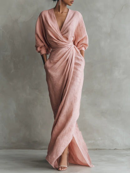 Vestido de Verano Largo Elegante con Drapeado y Escote en V