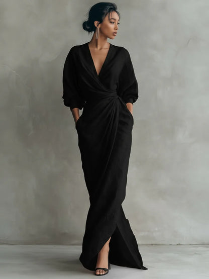 Vestido de Verano Largo Elegante con Drapeado y Escote en V