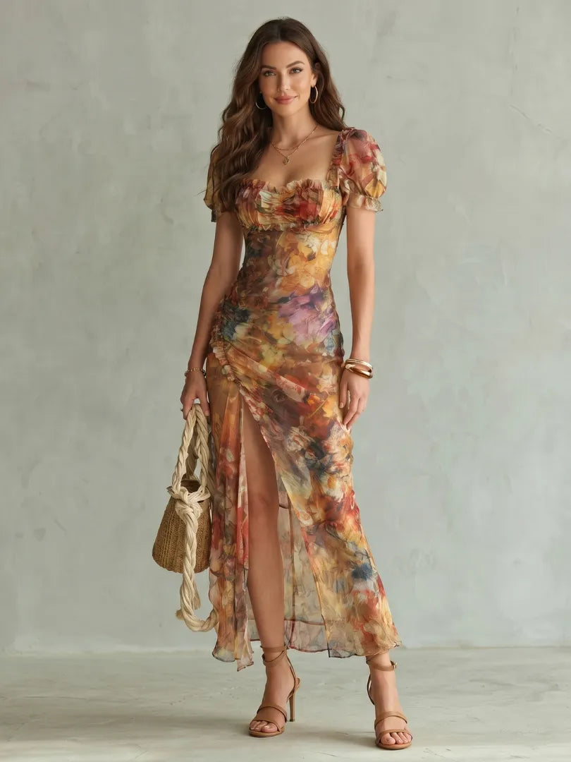 Vestido de Verano Largo Elegante de Flores con Fruncido