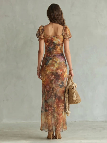 Vestido de Verano Largo Elegante de Flores con Fruncido