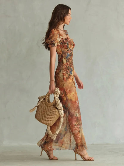 Vestido de Verano Largo Elegante de Flores con Fruncido