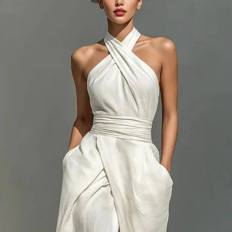 Vestido de Verano Largo Elegante y Asimétrico con Cuello Halter