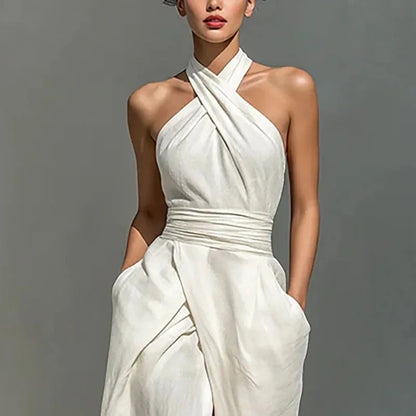 Vestido de Verano Largo Elegante y Asimétrico con Cuello Halter