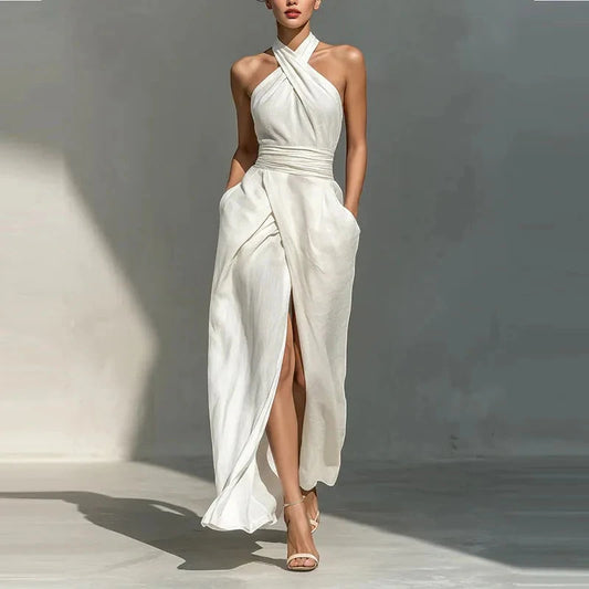 Vestido de Verano Largo Elegante y Asimétrico con Cuello Halter