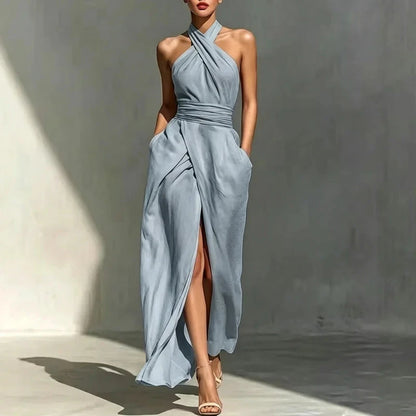 Vestido de Verano Largo Elegante y Asimétrico con Cuello Halter