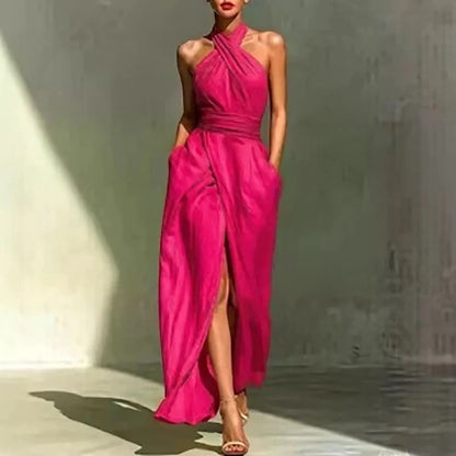 Vestido de Verano Largo Elegante y Asimétrico con Cuello Halter