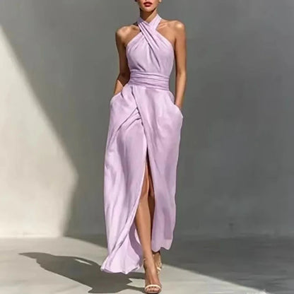 Vestido de Verano Largo Elegante y Asimétrico con Cuello Halter