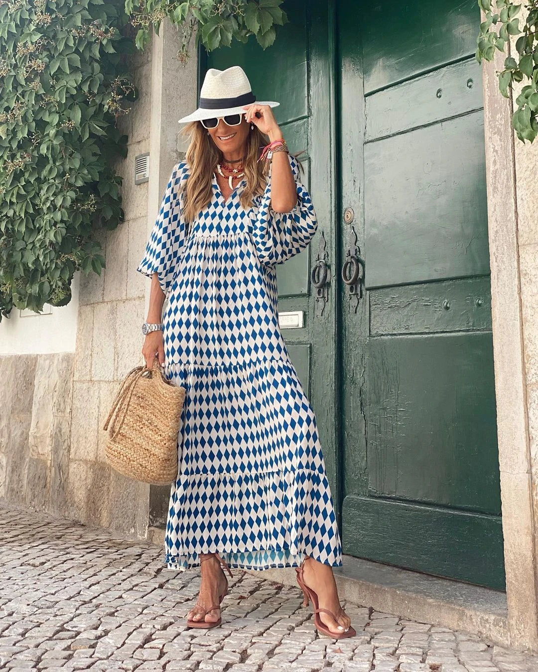 Vestido de Verano Largo Estampado Boho con Manga Abullonada