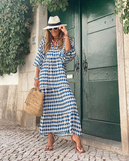 Vestido de Verano Largo Estampado Boho con Manga Abullonada
