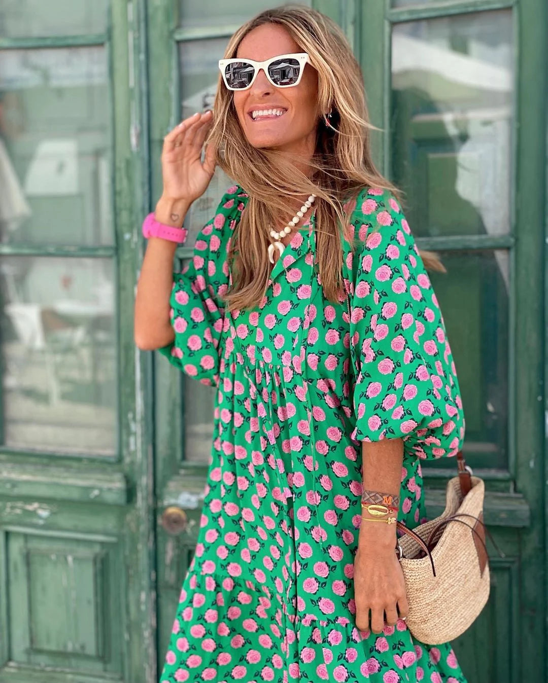 Vestido de Verano Largo Estampado Boho con Manga Abullonada